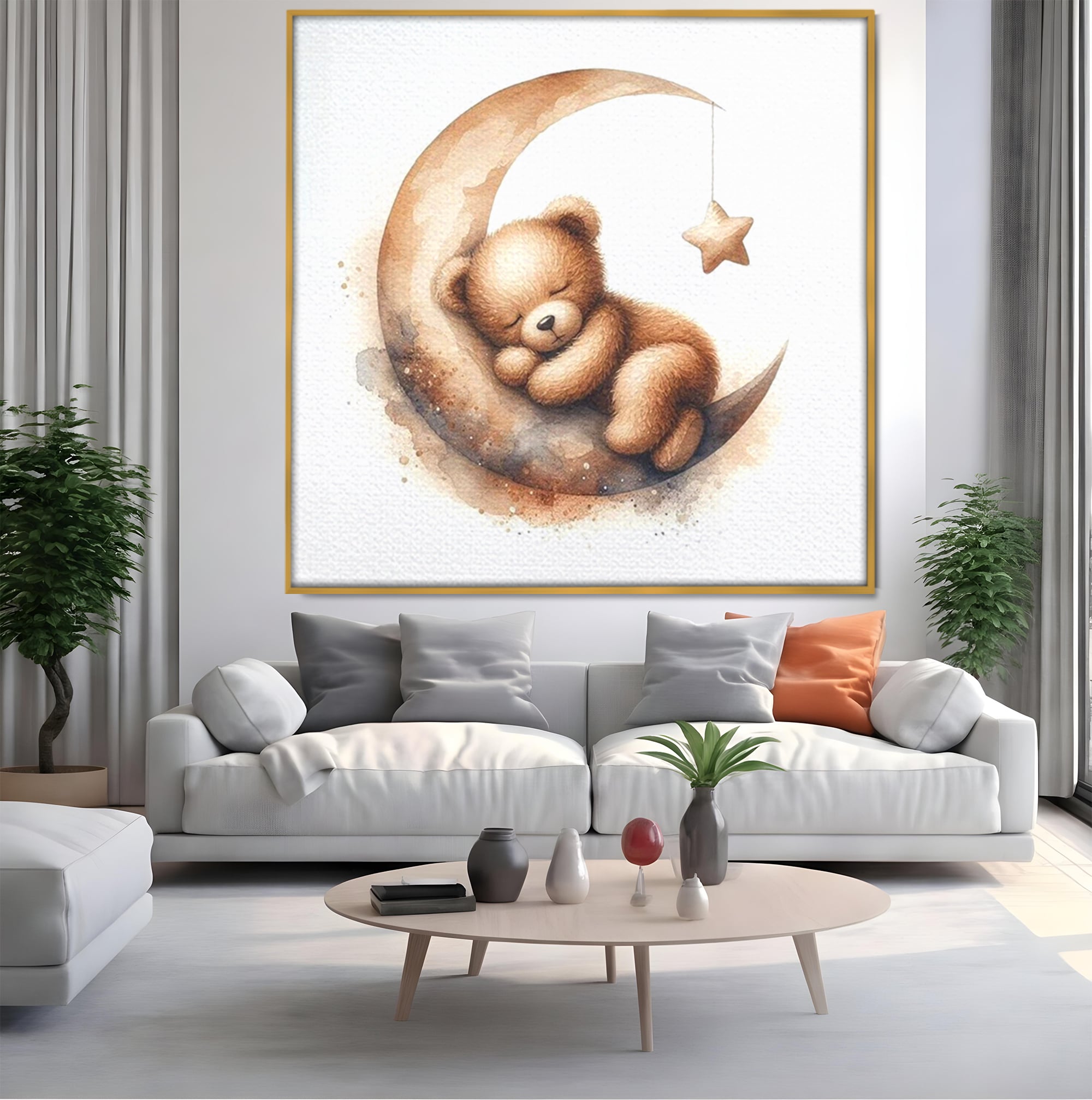 Tablou canvas cu ursulet pufos dormind pe semiluna, in rama de aluminiu auriu, pe perete intr-un living